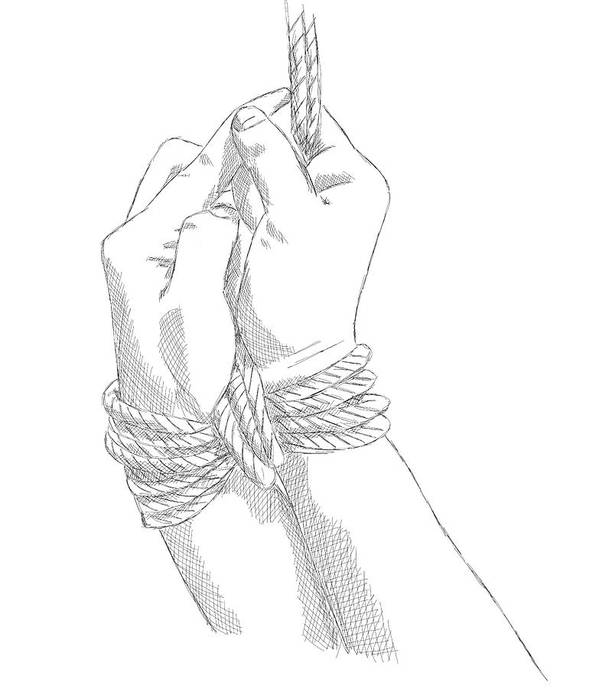 Line drawing of tied hands